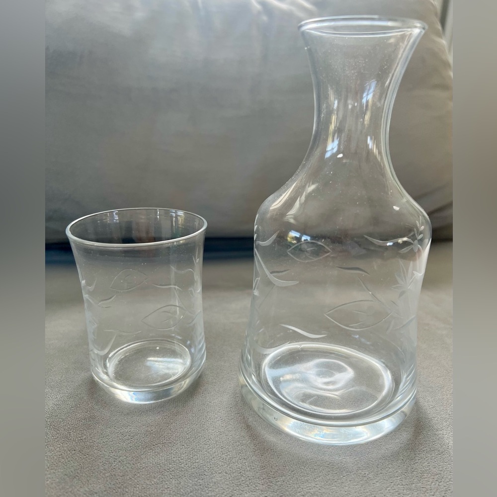 Etched Glass Bedside Decanter and Glass Set NWOT